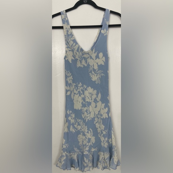 Reformation Rudie Draped Ruffled Floral Print Crepe Mini Dress Light Blue Size 2 - Picture 7 of 8